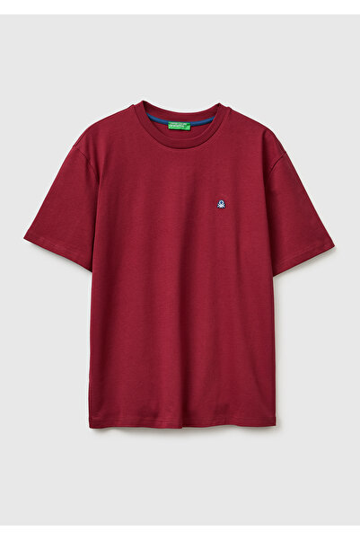 Men's Burgundy 100% Cotton Logo Crew Neck T-Shirt