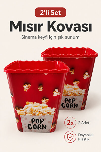 Poomy 2’li Mısır Kovası Seti - Kırmızı Popcorn Kutusu Mısır Patlatma Kabı