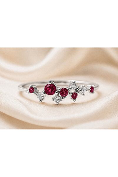 Cecile Jewellery Yakut Star Gümüş Yüzük, 925 Ayar Gümüş Zirkon Yakut Star Yüzük