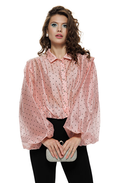 Fofy Bluza dama eleganta din matase de tencel roz cu buline umeri stucturati ...