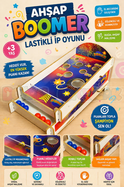 Doğan Oyuncak Dünyası Ahşap Boomer Lastikli İp Oyunu - Pinball Oyunu - Deliğe...