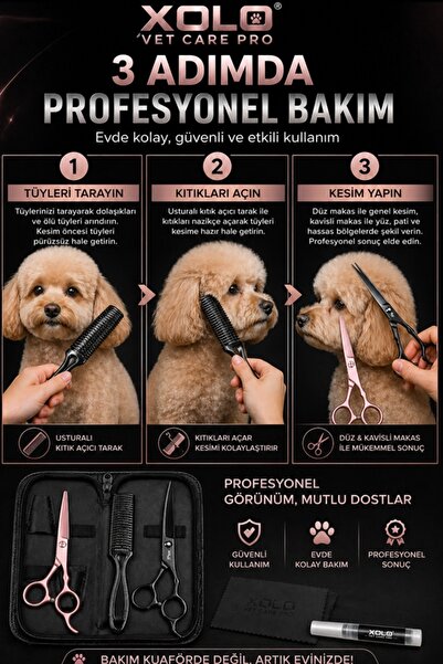xolo Vet Care Pro Carbon Black Rose Kedi Köpek Bakım Makas Seti Deri Çantalı
