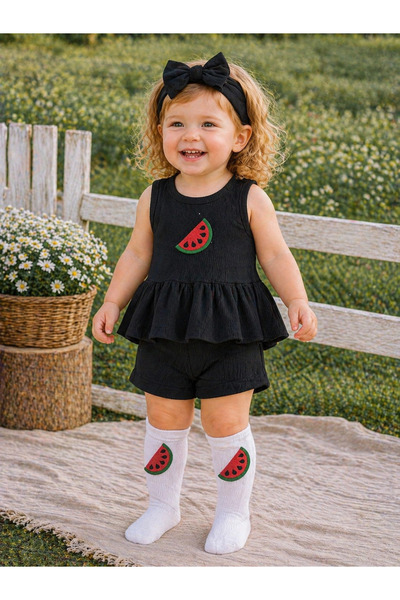 ues Baby Girl Black Ribbed Shorts Set with Watermelon Pattern and Watermelon ...