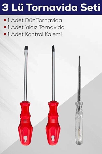 3lü Tornavida Seti - Mıknatıslı Uçlu Düz, Yıldız ve Kontrol Kalemi Takımı