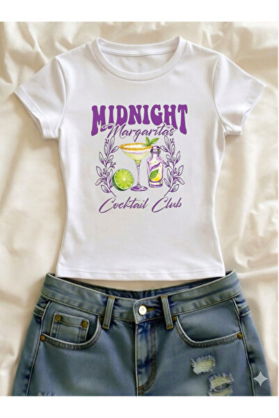 Vordevia Tricou crop cu mânecă scurtă, cu imprimeu Margarita, din Lycra, cu d...