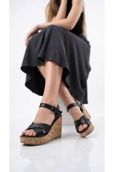 Lidora Women's Black Cross High Wedge Sandals Ayk2080