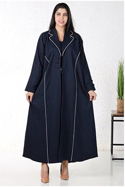 MyesuQ Royal Navy Blue Abaya in Formal Coat Style with Soft White Thread Work...