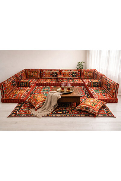 FEYZA DECOR HOME Şark Köşesi - Kırmızı Otantik Kilim Desenli Dev Yer Minderi ...