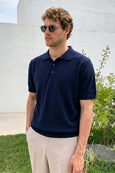 CHUBA Erkek Polo Yaka Düğmeli Kısa Kollu Triko T-Shirt Lacivert 26S2016