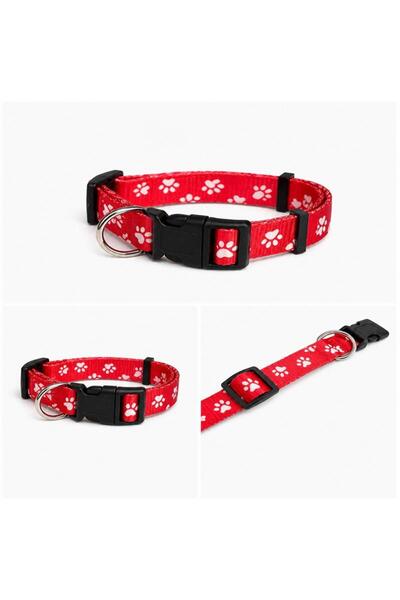 Generic Kırmızı Pati Desenli Ayarlanabilir Köpek Boyun ve Gezdirme Tasması TA...