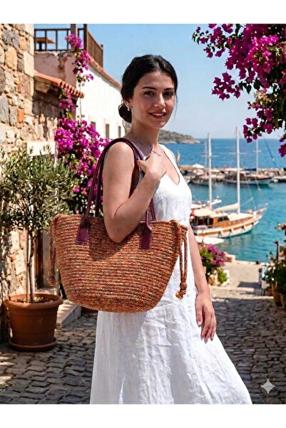 Hediyeninellitonu Straw Detailed Rope Strap Lined Strap-On Beach Bag Bottom:2...