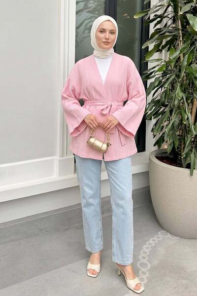 zenne Bürümcük Kimono with Belt Detail 2377 - Pink