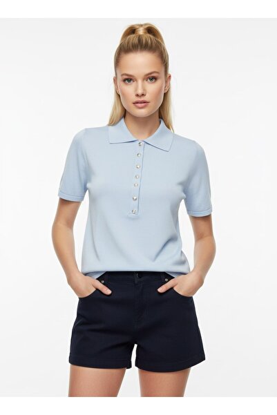 venezia giyim Kadın Rahat Kesim Düğmeli Polo Yaka Kısa Kol Basic T-shirt // V...