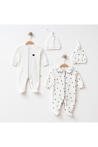STRAWBABY Kız Bebek 0-3/3-6 Ay Kalp Baskılı 2Li Tulum Ve Şapka Takım