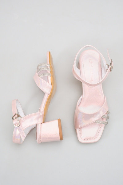 Mini Angel Pink Evening Dress with Stone Detail Comfortable Girls' Evening Dress with Stone Detail Pink Girls' Heeled Shoes with Stone Detail