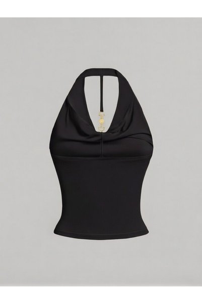 Wildco Black Degaje Collar Halter Crop Blouse Metal Accessory Detailed Slim Fit Women's Blouse, Black Backless Blouse