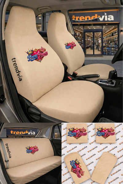trivexa Prince & Princess Logo Car Seat Cover Front and Rear Set – Combed Cot...