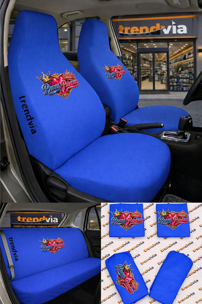 trivexa Prince & Princess Logo Car Seat Cover Front and Rear Set – Combed Cot...