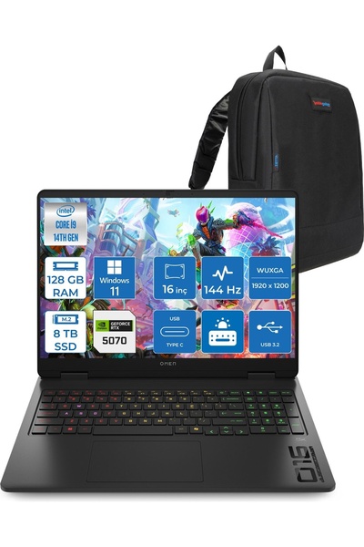 HP Omen 16-AM0031NT Intel Core I9 14900HX 128GB Ddr5 8tb SSD RTX5070 8gb Gddr...