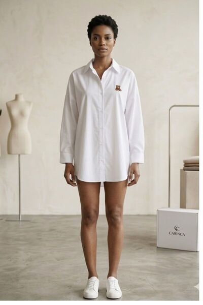 MODA GLORY Kadın Ayıcık Nakışlı Oversize Gömlek - %100 Pamuklu Rahat Kesim Gö...