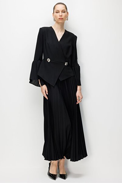 Rain and River Pleated Sleeves, Double Breasted Closure, Pleated Long Dress