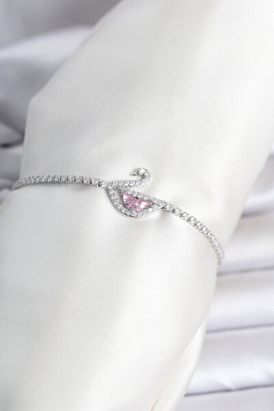 Skygo Brass Silver Color Zircon Stone Swan Model Waterway Women's Bracelet Tj...