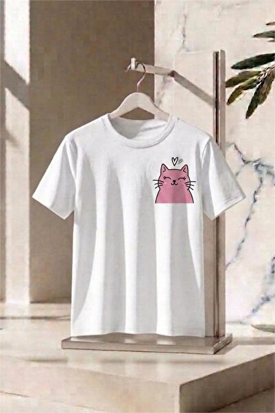 Tişört - Kadın Ve Çocuklar İçin Sevimli Kedi Figürlü Minimalist Tasarım - %100 Pamuk