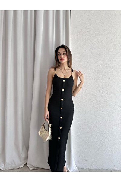 Klex Zincir Askılı Önü Düğmeli Fitilli Maxi Elbise 5072
