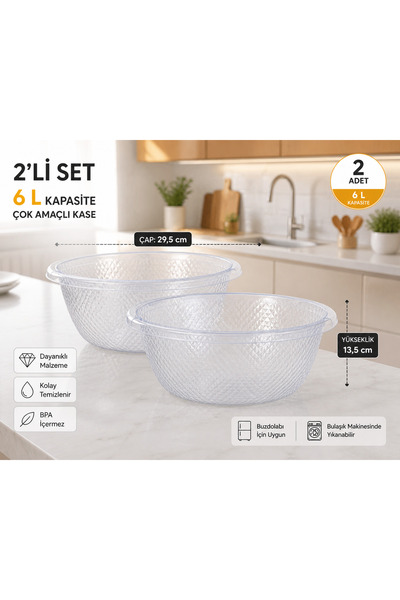 HOMVELLA 6 L Şeffaf Çok Amaçlı Kase 2’li Set – Büyük Boy, BPA İçermez, Sebze ...