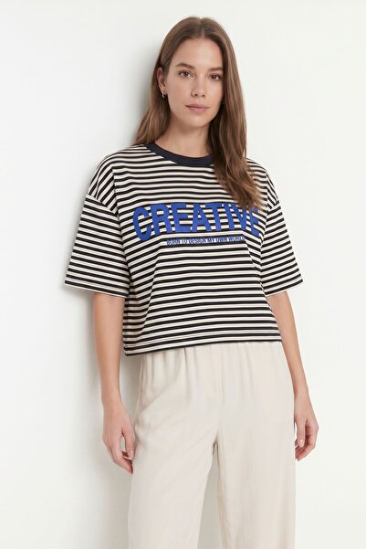 Rays Tricou crop cu mânecă scurtă, cu dungi, bej, 8325