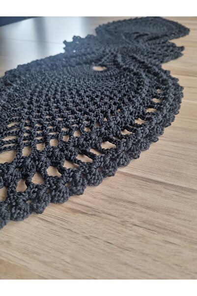 Siyah El Yapımı Makrome Masa Runner - Modern Boho Dekoratif Örgü Masa Örtüsü (130 cm)