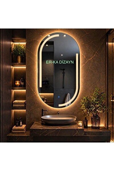 ER-KA DİZAYN 2 TARAFI OVAL KUMLAMALI Dokunmatik Sensörlü AYNA Led'li Lavabo &...