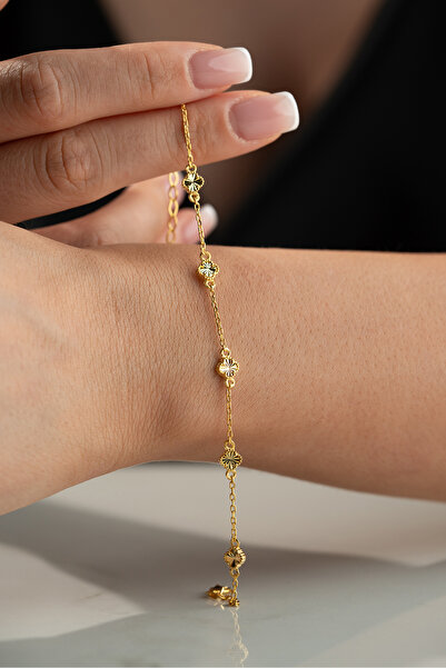 Silvano Jewelry Ayar Gümüş Altın Kaplama Kalemli Yonca Bileklik