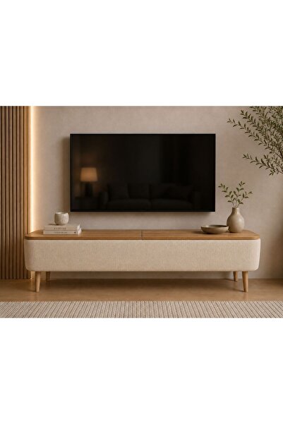 own home Sarven Sandıklı TV Ünitesi, Teddy Kumaş Kaplamalı Ahşap Ayaklı Moder...