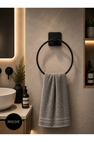 BB MAİSON Siyah Yapışkanlı Yuvarlak Havluluk Metal Banyo Havlu Askısı Vidalı
