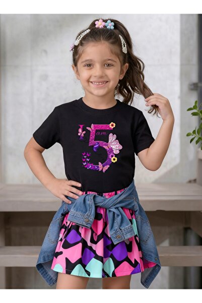 Funkaar Birthday Girl, 5th Year Butterfly Birthday Graphic Print T-Shirt