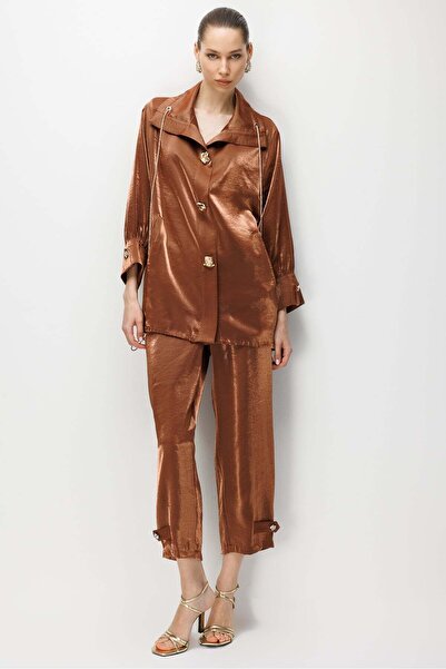 Moda İlgi Modailgi Etek Ucu Büzgülü Geniş Yaka Oversize Tunik - 40112 Kahve
