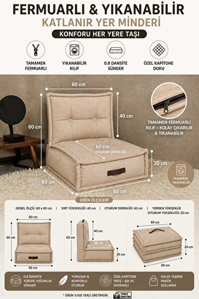 COLORMİX Fermuarlı Yıkanabilir Katlanır Çok Amaçlı Yer Minderi 60x60 cm Taşın...