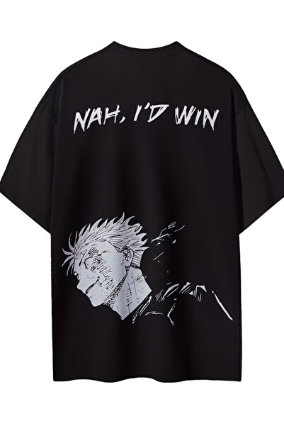 Nilvor Unisex NAH, I'D WIN Arka Baskılı Özel Tasarım Oversize T-shirt