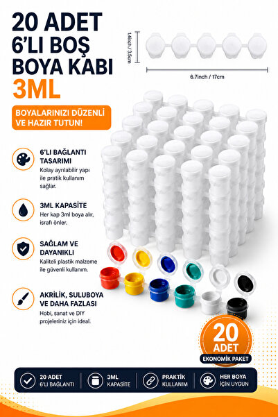 andelart 20 Adet 6’lı Boş Boya Kabı 3ML – Akrilik & Hobi Boyası Saklama Kapla...