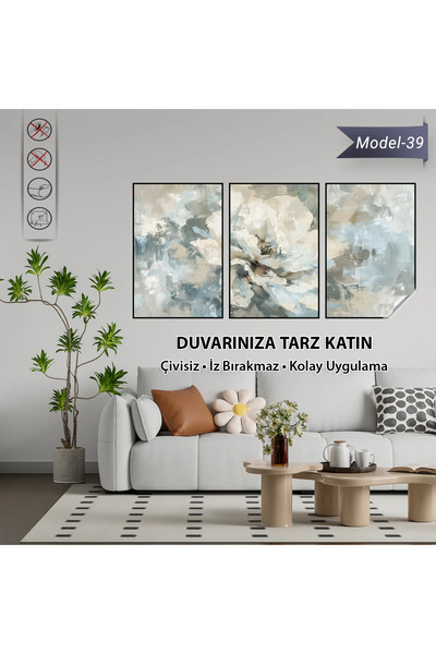 Tutunabilir Kağıt Statik Tutunma Özellikli 3’lü Mavi Bej Soyut Çiçek Tablo Se...