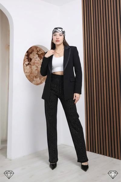 Moda Liva Butik Taşlı siyah bol paça kot pantolon