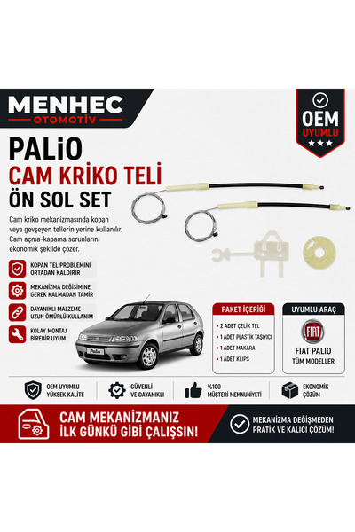 Menhec Otomotiv Fiat Palio Ön Sol Cam Kriko Teli Tamir Seti Kapı Cam Mekanizm...