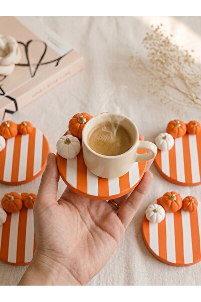 AlohamoraShop 4 Adet Dekoratif Beton Bardak Altlığı Kabak Tasarım Turuncu Çiz...