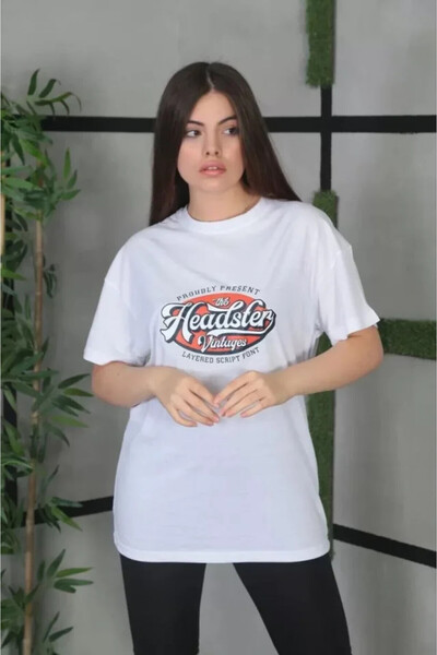 Efnaz style   تي شيرت مطبوع كبير الحجم للجنسين - أبيض
