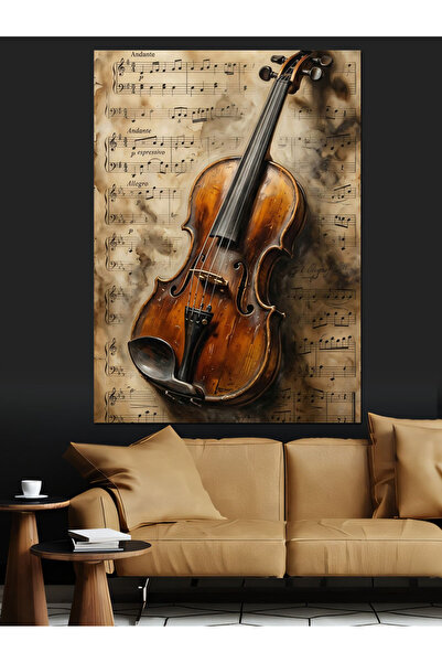 Artmeg Pânză decorativă cu vioară pe hârtii de note muzicale vechi - Tablou d...