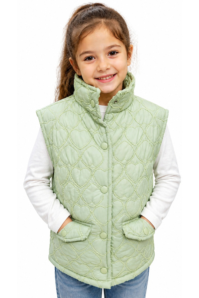 İrem Çocuk Giyim Girl's Green Color Thin Quilted Vest with Snap Closure Pocke...