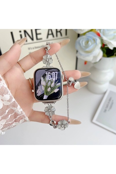 Alstrap Watch 11-10 42mm 9 8 7 41mm 6 5 4 SE 40mm Uyumlu Çiçekli Taşlı Metal ...