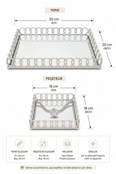 Yavuzhan Metal Silver Framed Mirrored Decorative Tray (20X30) and Napkin Holder (18X18) Set
