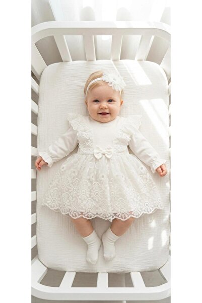 Miniday Baby Kız Bebek Mevlütlük Elbise Bandanalı Dantelli Yenidoğan Hastane ...